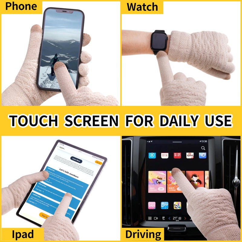 FENELY Women's Winter Warm Touch Screen Gloves Womens Thermal Grey Cable Knit Wool Fleece Lined Touchscreen Texting Mittens for Cold Weather - Image 3